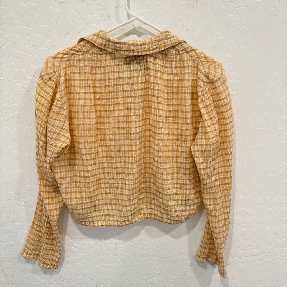Paloma Wool Plaid Blouse Womens Tan Cream Textured Button Front Cotton Cropped - Picture 8 of 8